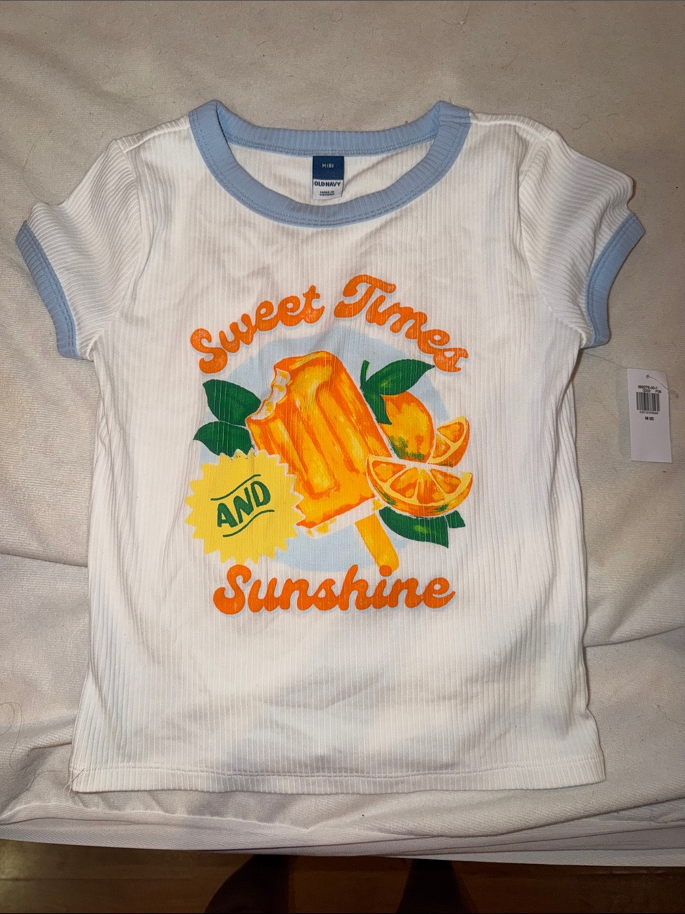 Old Navy White Tee with Light Blue Trim and Orange Popsicle Graphic